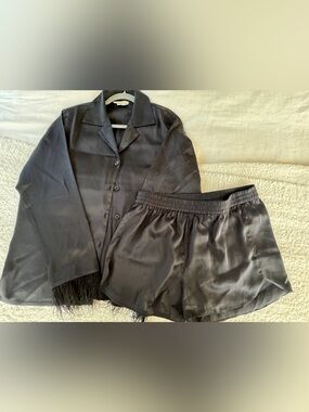 Audrey Adele Feather Trim Satin Pajama Set Black M Anthropologie